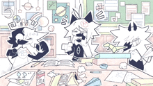 a can of cola sits on a messy desk in a drawing