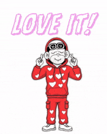 a cartoon monkey wearing a red hoodie with hearts on it and the words love it behind him