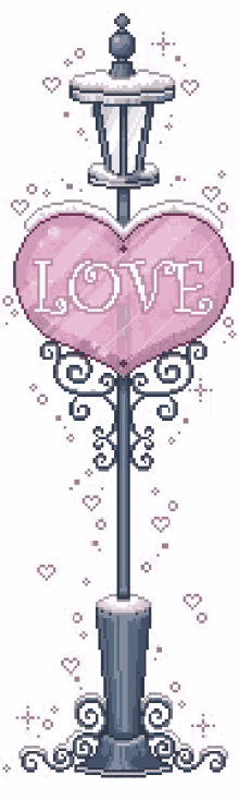 a pixel art illustration of a street light with a pink heart that says love on it