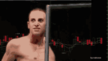 a shirtless man is standing in front of a graph that says 6.18