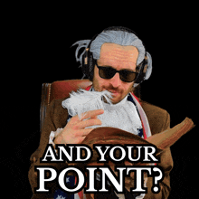 a man holding a piece of paper with the words " and your point " below him