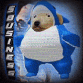a teddy bear in a shark costume is standing in front of a banner that says business