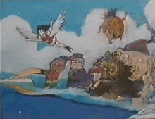 a cartoon shows a group of monsters flying in the air