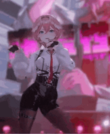 a girl in a white shirt and black shorts is dancing with a microphone in her hand .