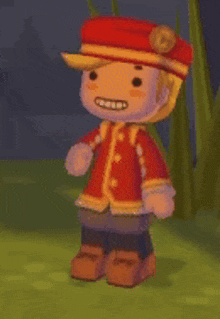 a cartoon character wearing a red jacket and hat is standing on a grassy field .