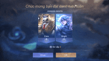 a screenshot of a game showing a cat and a girl named zuka and bright