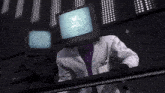 a man with a tv on his head has a name tag that says ' a.m. ' on it