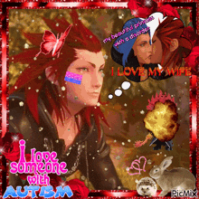 a picture of a man with red hair and the words i love someone with autism on the bottom