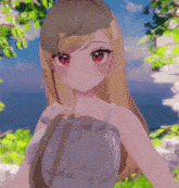 a girl with blonde hair and red eyes is wearing a white dress and a headband .