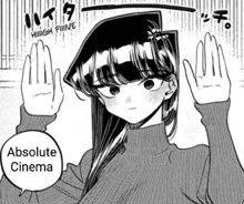 a black and white drawing of a girl with the words absolute cinema above her