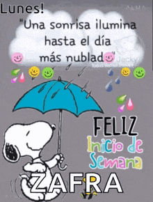 snoopy is holding an umbrella in the rain and says `` una sonrisa ilumina hasta el día más nublado '' .
