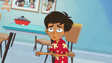 a cartoon of a boy sitting in front of a table with a nick logo on the wall behind him