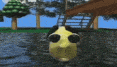a cartoon character with big eyes is swimming in a body of water .