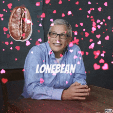a man is surrounded by pink hearts and the word lonebean