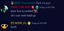 a screenshot of a conversation between surfer2601 and chilis09