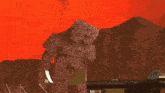 a blurred image of a castle with a red sky in the background