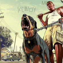 a cartoon of a man holding a bat and a dog on a leash with the name kewoy written on it