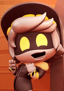 a cartoon character with a yellow eye and a hat