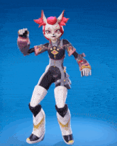 a cartoon character with red hair and white pants is standing in front of a blue background