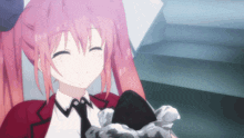 a girl with pink hair is holding a black object
