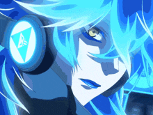 a close up of a person with blue hair and headphones on
