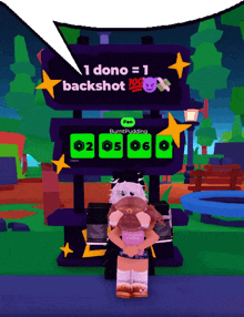 a girl standing in front of a sign that says " 1 dono = 1 backshot "