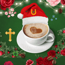 a cup of coffee with a santa hat and a cross on it