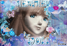 a picture of a girl with the name heather doll surrounded by butterflies and flowers