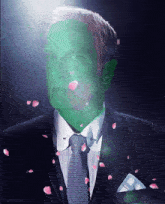 a man in a suit has a green face and petals falling around him