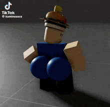 a roblox character with a hamburger on his head is standing on a tiled floor .