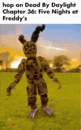 a picture of a cartoon character from five nights at freddy 's standing in a field .