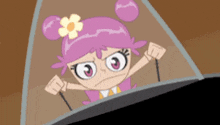 a cartoon girl with pink hair and a flower in her hair is looking out a window