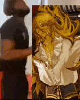 a painting of a woman with long blonde hair and a man in a black shirt