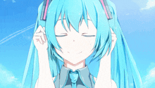 a girl with blue hair has her eyes closed and a smile on her face