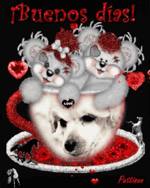 a picture of two teddy bears in a heart shaped cup with the words buenos dias on the bottom
