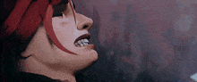 a close up of a person 's face with red hair and a very angry look on their face .