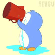 a penguin is drinking water from a red cup