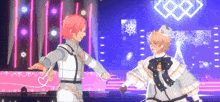 two anime characters dancing on a stage with a heart in the background