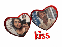 a woman taking a picture of herself and a man taking a picture of himself with the word kiss between them