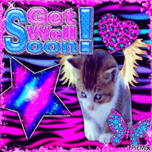 a picture of a kitten with the words get well soon in the background