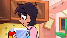 a cartoon of a girl holding a can of food