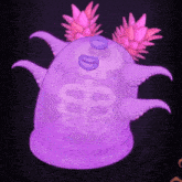 a purple monster with pink flowers and a skeleton