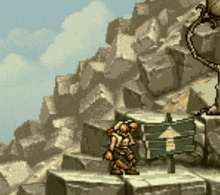 a pixel art of a man standing on a rock next to a sign pointing to the right