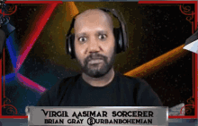 a man wearing headphones and a sign that says virgie aasimar sorcerer brian gray @urbanbohemian