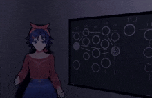 a pixel art of a girl standing in front of a blackboard with numbers on it