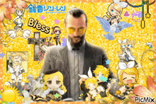 a man with a beard is surrounded by anime characters and the word bless is on the bottom right