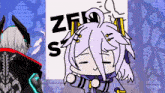 a cartoon of a girl with a sign that says zero s on it