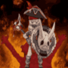 a cartoon character is holding a spear and shield with horns