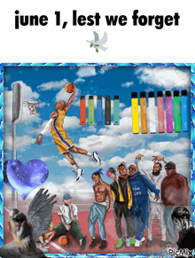 a picture of a man playing basketball with the words june 1 , lest we forget