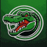 a green crocodile with a red eye is in a white circle